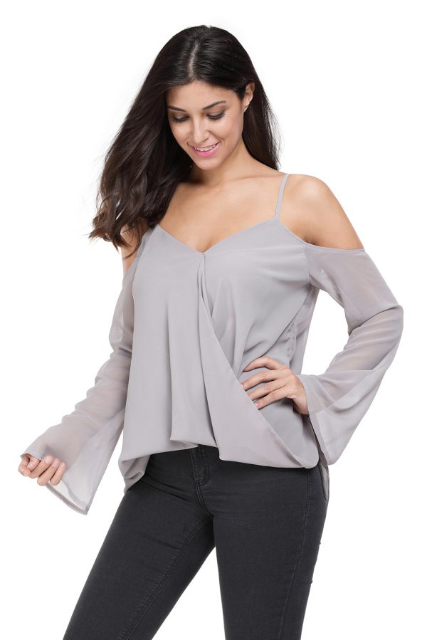 Womens Cold Shoulder Long Sleeve Loose Tops Overlap V Neck Long Sleeve Top - Image 2
