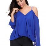Womens Cold Shoulder Long Sleeve Loose Tops Overlap V Neck Long Sleeve Top Royal Blue