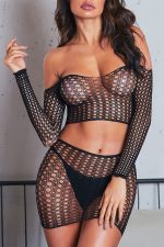 Fishnet Long Sleeve Crop Top Skirt Set