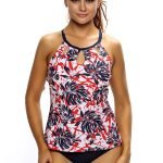 Reddish Leaf Print Cutout High Neck Swim Top