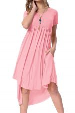 Pink Short Sleeve High Low Pleated Casual Swing Dress - Image 8
