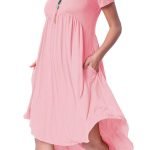 Pink Short Sleeve High Low Pleated Casual Swing Dress