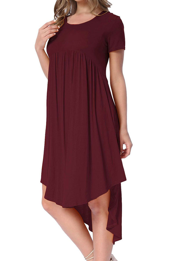 SL-510 (7) Rufous Short Sleeve High Low Pleated Casual Swing Dress - Image 1