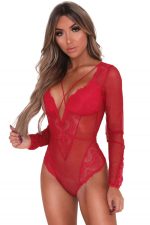 Red Mesh Long Sleeve Lace Plunge Teddy Lingerie - Image 3