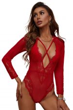 Red Mesh Long Sleeve Lace Plunge Teddy Lingerie - Image 2