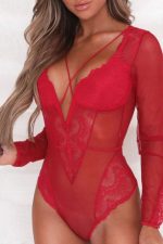 Red Mesh Long Sleeve Lace Plunge Teddy Lingerie