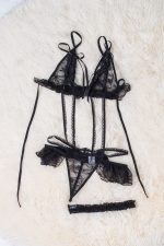 Black Ruffled Lace-up Strappy Lace Teddy Lingerie - Image 15