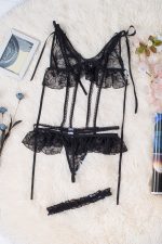 Black Ruffled Lace-up Strappy Lace Teddy Lingerie - Image 21