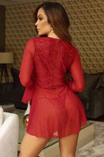 Red Lace V Neck Long Sleeve Sheer Open Front Negligee - Image 10