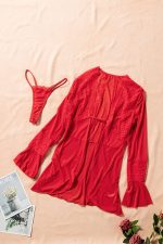 Red Lace V Neck Long Sleeve Sheer Open Front Negligee - Image 9