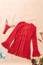 Red Lace V Neck Long Sleeve Sheer Open Front Negligee - Image 8