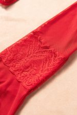 Red Lace V Neck Long Sleeve Sheer Open Front Negligee - Image 5