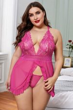 Rosy Lace Stitching Mesh Ruffle Plus Size Lingerie