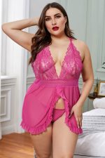 Rosy Lace Stitching Mesh Ruffle Plus Size Lingerie - Image 2