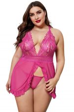 Rosy Lace Stitching Mesh Ruffle Plus Size Lingerie - Image 7