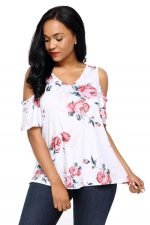 Pink Floral Print White Background Womens Top - Image 3