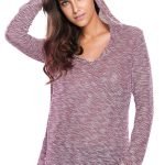 Burgundy Hooded V-Neck Long Sleeve Loose Knitted Top