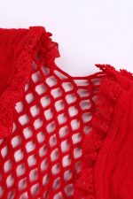 Red High Cut Deep-V Lace & Net Thong Back Teddy Lingerie - Image 7