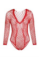 Red High Cut Deep-V Lace & Net Thong Back Teddy Lingerie - Image 5