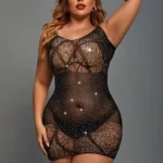 Black Plus Size Rhinestone Sexy Lingerie, Party Nightclub Bodysuit, Sheer Mesh Women's Underwear