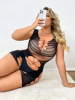 Black Classic Plus Size Faux-Net Sexy Hollow Out Mesh Body Stockings - Image 2