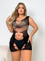 Black Classic Plus Size Faux-Net Sexy Hollow Out Mesh Body Stockings - Image 4