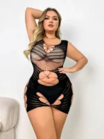 Black Classic Plus Size Faux-Net Sexy Hollow Out Mesh Body Stockings - Image 3