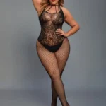 Black Plus Size Halter Floral Lace Open Crotch Bodystocking With Backless And Sheer Design