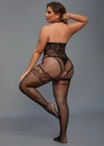 Black Hollow Out Pattern Body Stockings, Halter, Open Back Design And Perspective Stockings - Image 2