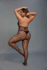 Black Plus Size Women's Open Crotch And Detachable, See-Through, Hollowed-Out And Jacquard Mesh Body Stockings - Image 2