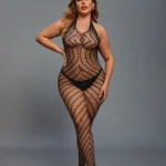 Black Plus Size Women's Open Crotch And Detachable, See-Through, Hollowed-Out And Jacquard Mesh Body Stockings