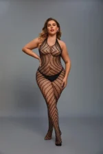 Black Plus Size Women's Open Crotch And Detachable, See-Through, Hollowed-Out And Jacquard Mesh Body Stockings