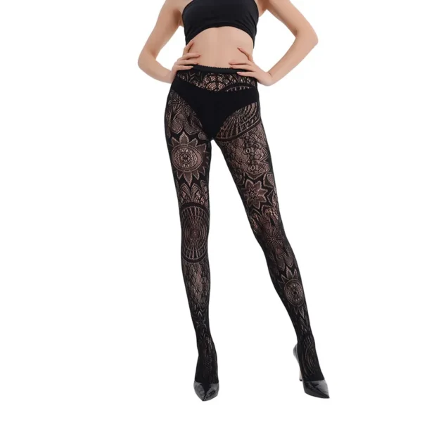 Black Solid Sunflower Pattern Fishnet Stockings