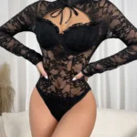 Black Women's Tie Neckline Hollow Out Front Lace Bodysuit