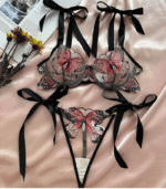 Butterfly Embroidery Lingerie Set – Sheer Mesh Bra & Panty with Satin Ribbon