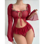 2-Piece Sheer Mesh Long Sleeve Lingerie Set with Floral Applique and Ribbon Tie