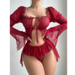 2-Piece Sheer Mesh Long Sleeve Lingerie Set with Floral Applique and Ribbon Tie - Image 2
